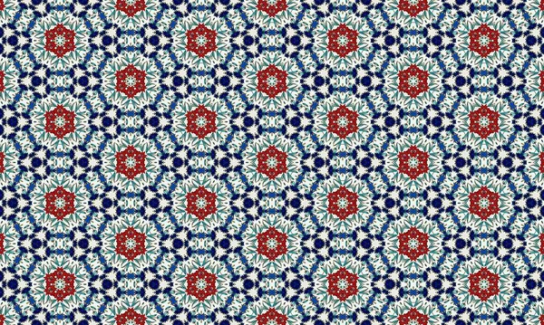 Tekrarlayan bir dizaynda kırmızı, mavi ve beyaz renkleri içeren renkli ve karmaşık bir çiçek deseni, görsel olarak çekici ve simetrik bir kompozisyon oluşturur..