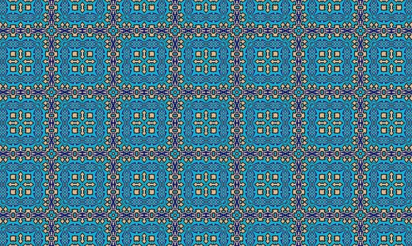 Mavi ve altının tonlarında, karmaşık geometrik şekillerin kusursuz tekrarlayan deseni geleneksel Fas fayans tasarımlarını ve mimarisini çağrıştırıyor..