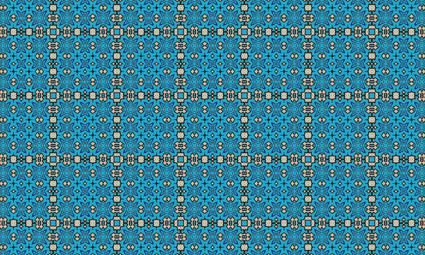 A seamless geometric pattern featuring intricate designs and shapes in beige on a vibrant blue background, creating a visually appealing and dynamic texture.