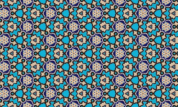 Mavi, turuncu ve siyah şekilleri içeren renkli ve karmaşık bir geometrik desen koyu mavi arka planda tekrar eden bir dizayn..