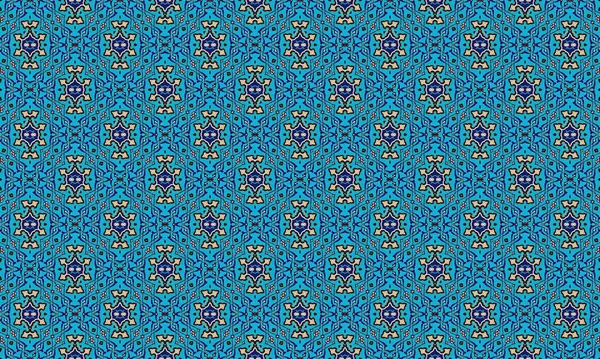 Parlak mavi arka planda karmaşık çiçek motifleri ve geometrik şekillerin tekrarlanan bir dizaynını içeren kusursuz bir desen, koyu mavi, bej ve kırmızı aksanların karışımını sergiliyor..