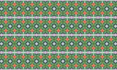Yeşil, pembe ve turuncu renkli renkli renkli renkli ve karmaşık bir desen. Tekrarlayan geometrik şekiller ve çiçek desenleri pürüzsüz bir biçimde..
