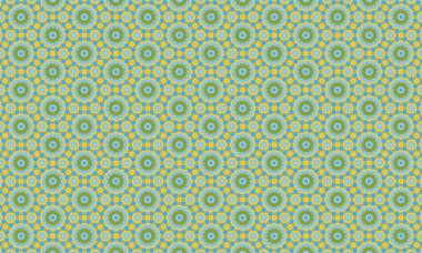 Tekrarlayan dizaynda eşmerkezli daireler ve altıgenler içeren renkli ve karmaşık bir geometrik desen, mavi, yeşil ve sarı renklerin büyüleyici bir karışımını sergiliyor..