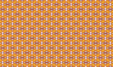 Turuncu, mavi ve beyaz tonlarında elmas şekilleri ve çiçek motifleri içeren renkli ve karmaşık bir geometrik desen..