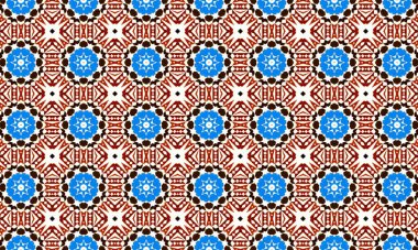 Kırmızı şekiller ve beyaz arka planda siyah noktalarla çevrili mavi çiçekleri içeren canlı ve karmaşık bir geometrik desen..