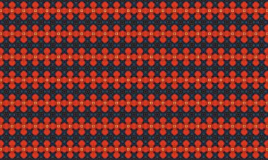 Renkli ve karmaşık bir geometrik desen. Çiçek motifli kırmızı ve mavi çizgiler. Görsel olarak çarpıcı bir tasarım..