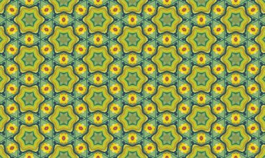 Yeşil ve sarı çiçek motifleri içeren canlı ve renkli bir geometrik desen, tasarımlara dinamik bir dokunuş eklemek için mükemmel..