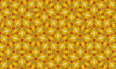 Canlı sarı ve turuncu renk şemasına sahip karmaşık çiçek deseni, tasarımlara renk ve görsel ilgi katmak için mükemmel.