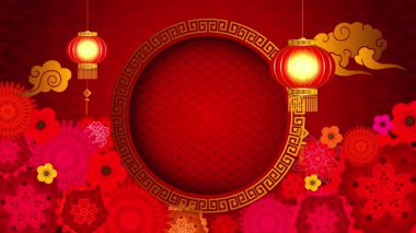 Kırmızı fenerler ve çiçeklerle dolu canlı bir Çin Yeni Yıl geçmişi, kutlamalar ve kültürel etkinlikler için mükemmel..