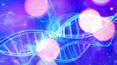 Canlı DNA çift sarmallı mor mavi arka planda parlayan Bokeh ışıkları ileri biyoteknoloji ve bilimsel keşifler hissini aktarıyor..