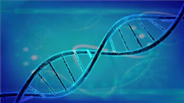Fütürist bir bilimsel ortamda şaşırtıcı mavi DNA çift sarmal yapısı, yenilik ve keşif biyoteknoloji ve genetik.