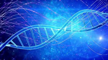 Stunning visual representation of a glowing DNA double helix with dynamic light trails and particles, conveying innovation and scientific discovery
