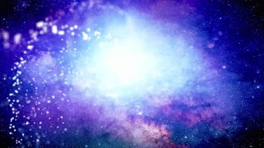 Merkezinde parlak bir yıldız patlaması olan nefes kesici kozmik sahne çarpıcı bir mavi ve mor galaksi arkaplanına karşı kurulmuş, merak ve keşif hissi uyandırıyor..