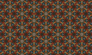 Koyu arkaplanda parlak kırmızı ve mavi desenler içeren karmaşık çiçek deseni, her projeye zerafet ve incelik katmak için mükemmel.