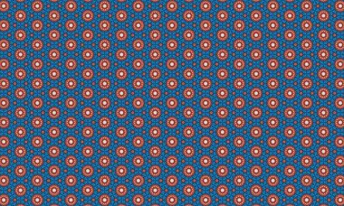 Parlak mavi arkaplanda kırmızı ve beyaz mandalalar görsel olarak çarpıcı desenler oluşturur, bohem esinlenilmiş dekorlar, moda tekstili veya dijital sanat projeleri için mükemmeldir.