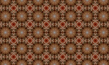 Karmaşık kahverengi ve kırmızı tasarımlı canlı kaleydoskop deseni, yaratıcı projelere görsel ilgi eklemek için mükemmel.