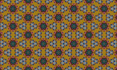 Parlak sarı arka planda mavi ve mor çiçekleri içeren karmaşık çiçek deseni dekoratif tasarımlar, tekstil ve sanatsal projeler için mükemmel.