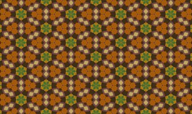 Canlı turuncu, yeşil ve bej şekilli karmaşık geometrik desen, arka planlara, tekstil veya sanatsal projelere görsel ilgi eklemek için mükemmel.