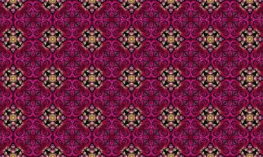 Siyah arka planda parlak pembe ve altın renkli desenler içeren karmaşık çiçek desenleri. Her projeye zarafet ve lüks katmak için mükemmel.