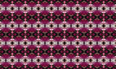 Siyah arka planda pembe güller ve beyaz çiçeklerle sersemletici çiçek deseni, dekoratif tasarımlar ve sanatsal projeler için mükemmel.