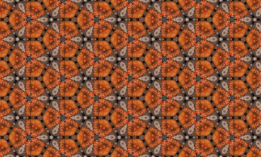 Canlı turuncu ve siyah çiçekli desenler içeren karmaşık geometrik desen büyüleyici ve sanatsal bir görsel etki yaratıyor.