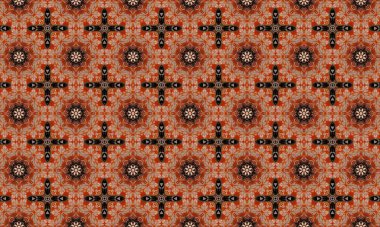 Canlı turuncu ve siyah desenli karmaşık çiçek desenleri