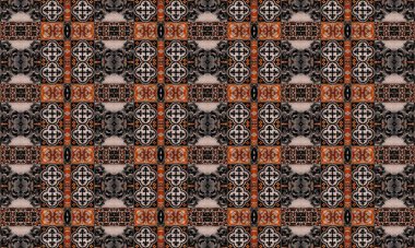 Canlı turuncu, siyah ve beyaz tasarımlar içeren karmaşık geometrik desen, dekoratif arka planlar, moda veya sanatsal projeler için mükemmel