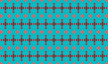 Çarpıcı turkuaz arka plan, karmaşık kırmızı ve pembe geometrik desenler, tasarımlara renk ve görsel ilgi katmak için mükemmel.