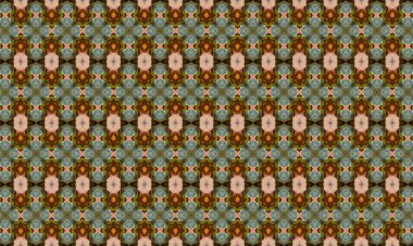 Kahverengi, yeşil ve pembe tonlarında çiçek motifleri içeren karmaşık geometrik desen canlı ve dinamik bir görsel etki yaratır..