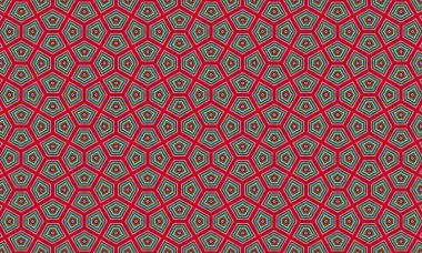 Çarpıcı geometrik desen, koyu kırmızı ve yeşil tonlarda altıgenler, tasarımlara renk ve enerji katmak için mükemmel.