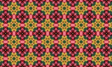 Pembe, sarı ve yeşil renklerde desenli büyüleyici bir çiçek deseni. Dekoratif ve sanatsal uygulamalar için mükemmel..