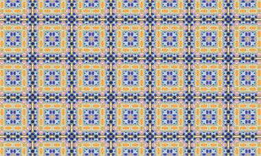 Mavi ve turuncu kiremitleri kusursuz dizayn eden karmaşık geometrik desen, arka plan, doku ve yaratıcı projelere görsel ilgi eklemek için mükemmel.