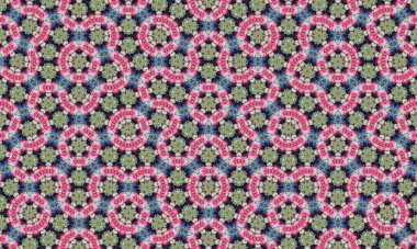 Siyah arka planda pembe, yeşil ve mavi şekilli karmaşık çiçek deseni, dekoratif tasarımlar ve sanatsal projeler için mükemmel.
