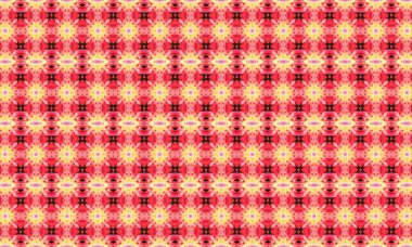 Tekrarlayan dizaynda kırmızı, sarı ve siyah renkli bu canlı soyut çiçek deseni ile bir renk patlaması ekle