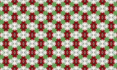 Kırmızı, yeşil ve beyaz kar taneleri deseni, Noel süslemeleri, tasarımları veya arka planlar için mükemmel, neşeli bir neşe ve neşe hissi uyandırıyor..