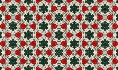 Kırmızı, yeşil ve beyaz çiçeklerden oluşan karmaşık desenler, dekoratif ve sanatsal kullanım için mükemmel..