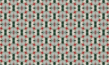 Yeşil arka planda kırmızı ve beyaz çiçeklerin yer aldığı karmaşık çiçek deseni, ev dekorasyonu, moda ve tasarım projeleri için mükemmel.