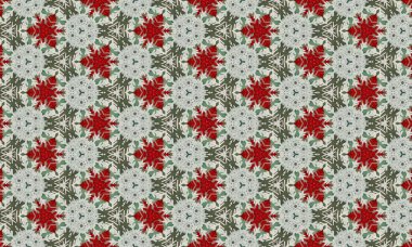 Beyaz arka planda kırmızı ve yeşil desenli narin kar tanesi deseni, tatil ve kış temalı projeler için mükemmel.