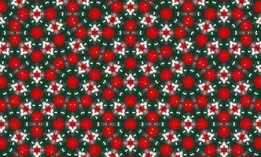 Koyu yeşil arka planda kırmızı ve beyaz çiçeklerin yer aldığı canlı bir çiçek deseni, tasarımlara, hediye paketine veya kırtasiyeye şenlikli bir dokunuş eklemek için mükemmel.
