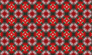 Canlı kırmızı ve yeşil renkleri olan neşeli Noel kar taneleri deseni. Tatil süslemeleri ve tasarımları için mükemmel.