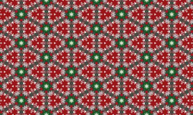 Kırmızı ve yeşil renkli kar taneleri tasarımları içeren karmaşık geometrik desen, şenlikli dekorasyonlar veya dijital arka planlar için mükemmel.