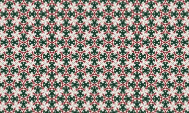 Beyaz bir zemin üzerinde karmaşık kırmızı ve yeşil tasarımlar içeren keyifli kar taneleri deseni, tatil temalı projeler ve dekorasyonlar için mükemmel..