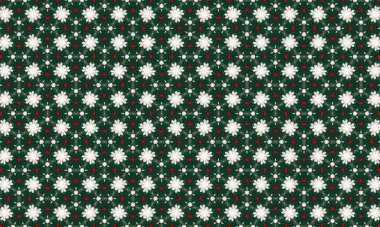 Yeşil arka planda beyaz kar tanelerinin yer aldığı şenlikli Noel deseni, tatil tasarımları ve dekorasyonları için mükemmel..