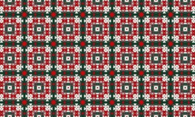 Canlı kırmızı, yeşil ve beyaz aksanlı şenlikli geometrik desen, tatil dekorasyonları, arka planlar veya tasarım unsurları için mükemmel.