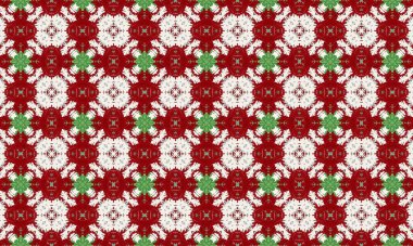 Beyaz arka planda parlak kırmızı ve yeşil şekilli çarpıcı kaleydoskop deseni, dekoratif tasarımlar ve sanatsal projeler için mükemmel.