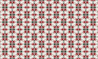 Beyaz arka planda canlı kırmızı ve yeşil süslemeleri olan şenlikli bir Noel deseni. Tatil dekorasyonları, hediye paketleme ve dijital tasarımlar için mükemmel.