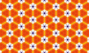 Sersemletici kaleydoskop deseni canlı turuncu, beyaz ve mavi renklerle, tasarımlara dinamik ve yaratıcı bir dokunuş eklemek için mükemmel.