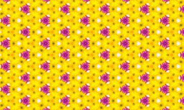 Tasarım ve dekorasyon için canlı sarı, mor ve beyaz çiçekli güzel çiçek deseni