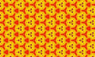 Parlak sarı, turuncu ve mor renkli sersemletici çiçek deseni arka plan, tekstil ve yaratıcı projeler için mükemmel dinamik ve sanatsal bir tasarım yaratıyor.