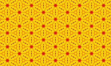 Parlak sarı ve kırmızı renkleri olan karmaşık geometrik desen, tasarımlara renk ve görsel ilgi katmak için mükemmel.